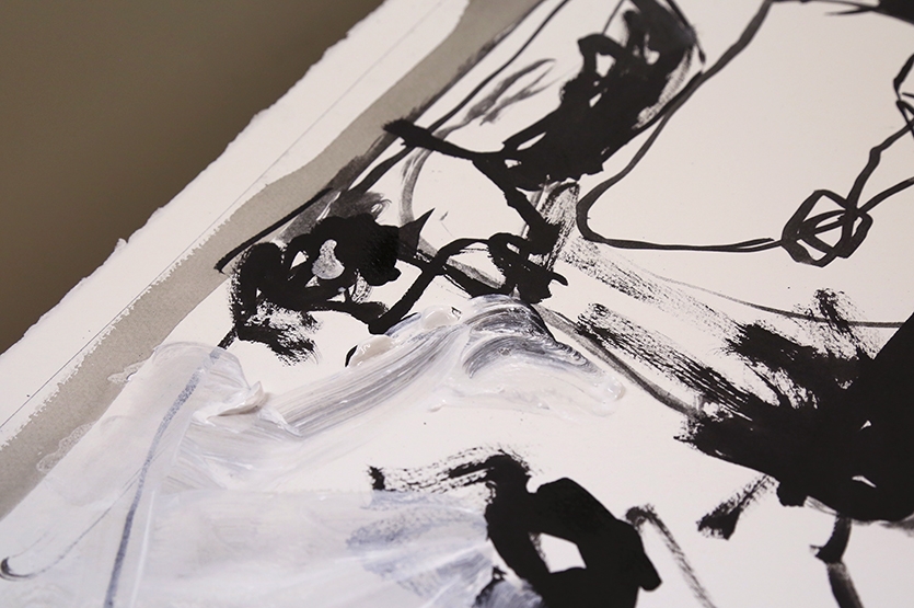 Detail of acrylic paint and India ink overpainting on lithograph.