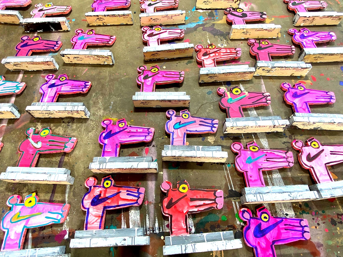 Bernhardt's hand-painted side of the sculptural multiples dries in her Saint Louis studio, 2020