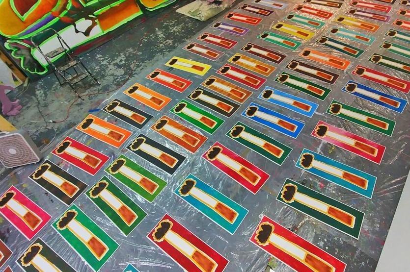 The Rainbow Cigarette at Bernhardt's studio before spray painting