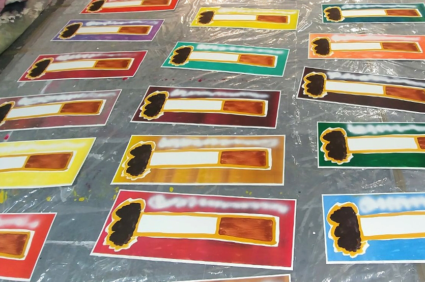 Aerial view of the hand-finished unique prints at KB's studio in Brooklyn, NY