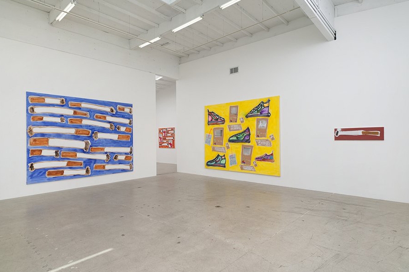 Los Angeles exhibition view including Bernhardt's large Cigarettes (2014) painting on canvas