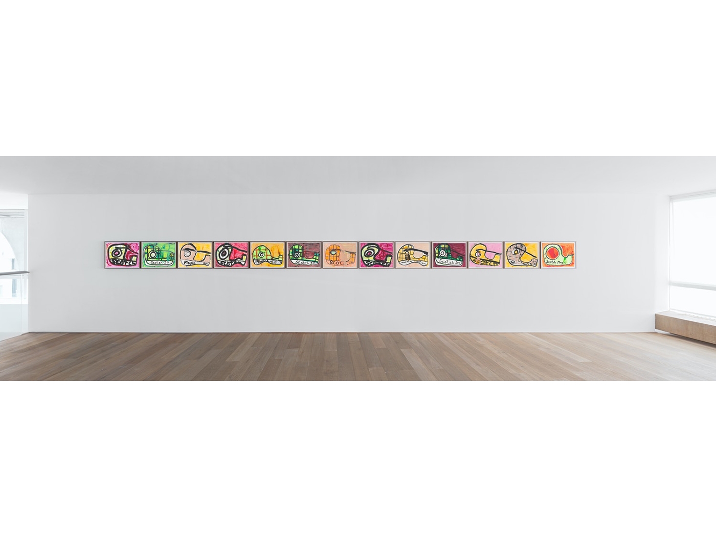 Bernhardt chooses to paint certain objects and icons because of their intriguing colours and forms — the branded image of a Scotch Tape dispenser is regularly returned to by Bernhardt.  As seen here, in a series of acrylic works on paper installed at Xavia Hufkins, Belgium, 2019.