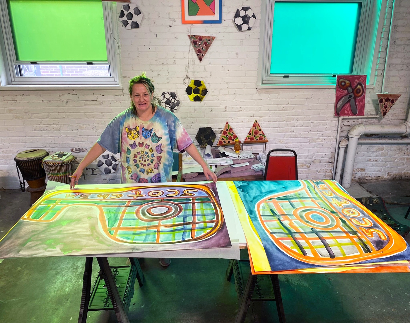 Katherine signs Scotch Magic Tape prints in her Saint Louis studio, 2021.