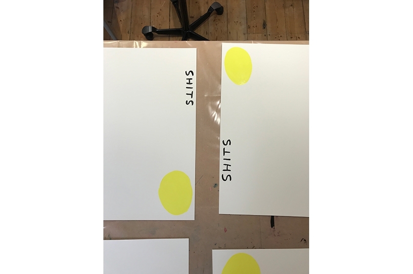 The paper is laid out for David to paint on, beginning with the hand-painted title 'Shits'