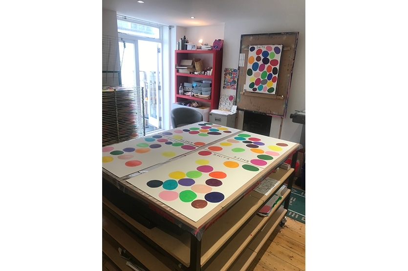 David Shrigley hand-paints one colour at a time, slowly filling the paper 