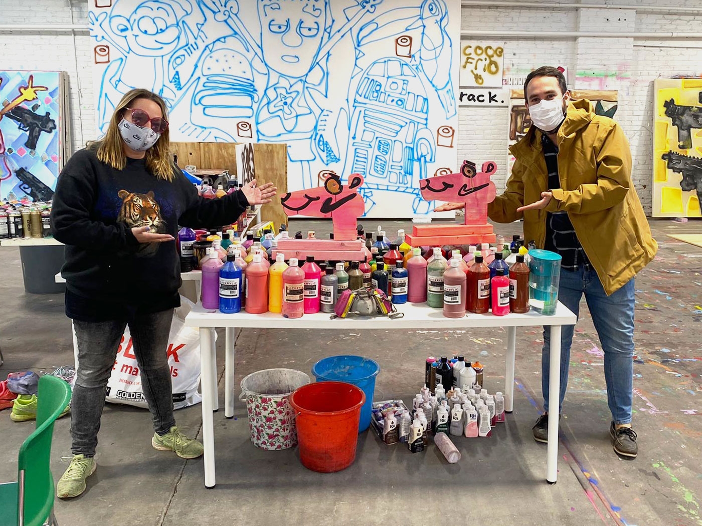 Katherine Bernhardt and Jonathan Edelhuber collaboratively work on the sculptural multiples in Bernhardt's Saint Louis studio, 2020.