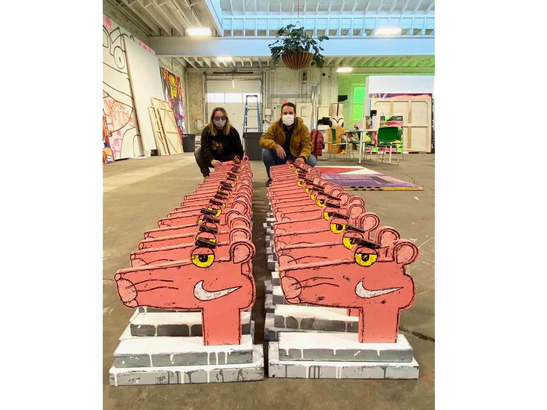 Katherine Bernhardt and Jonathan Edelhuber at Bernhardt's Saint Louis studio, 2020.