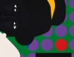 Embellishments of white dots in the eyes and single red circle hand-painted in ink 