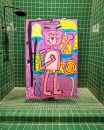 Katherine Bernhardt, <i>Big Cat </i>(2025) in her studio shower in St Louis, Missouri