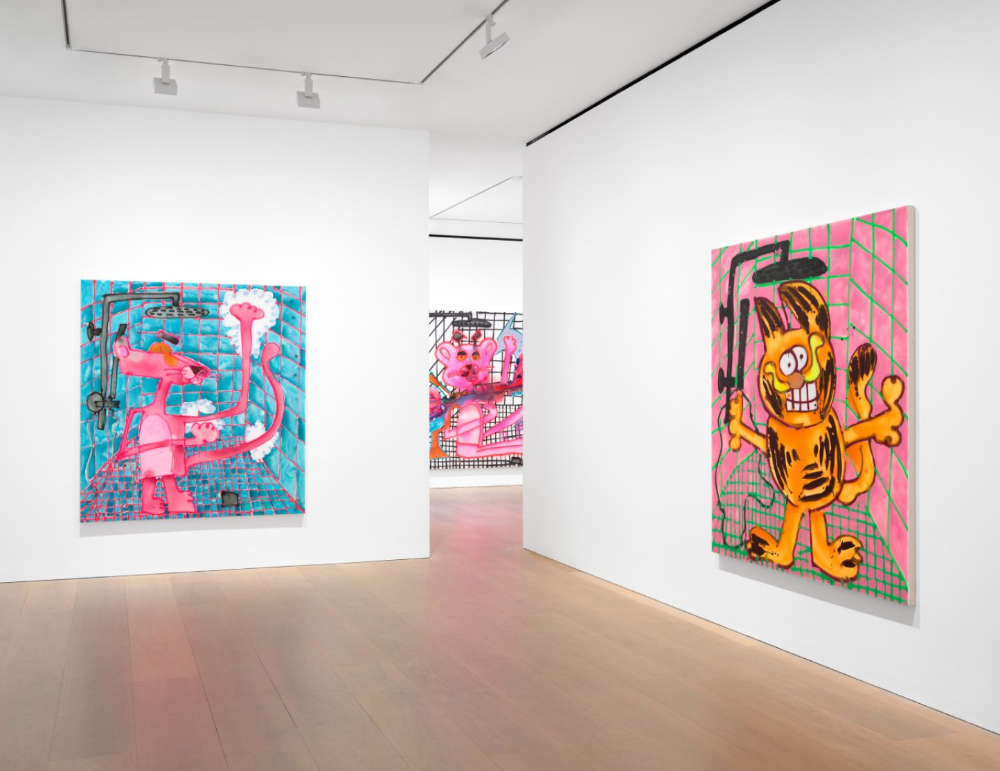 Installation view of Katherine Bernhardt's exhibition 'Why is a mushroom growing in my shower?' at David Zwirner, London, 2022.
