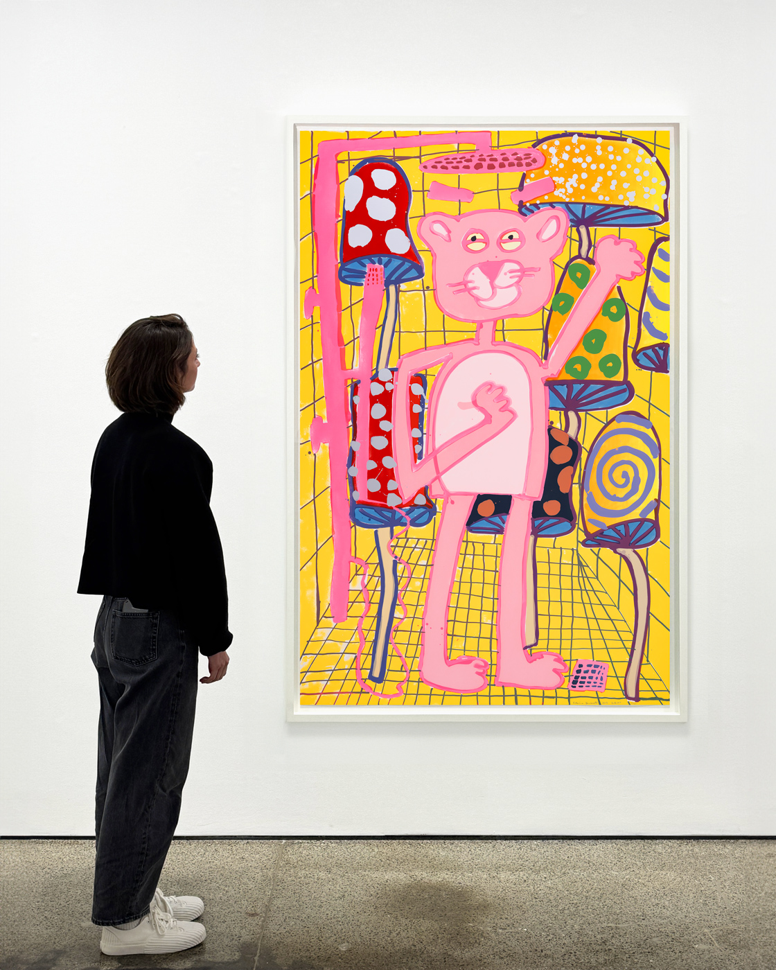 Katherine Bernhardt, <i>Big Cat </i>(2025) framed by Darbyshire Framers