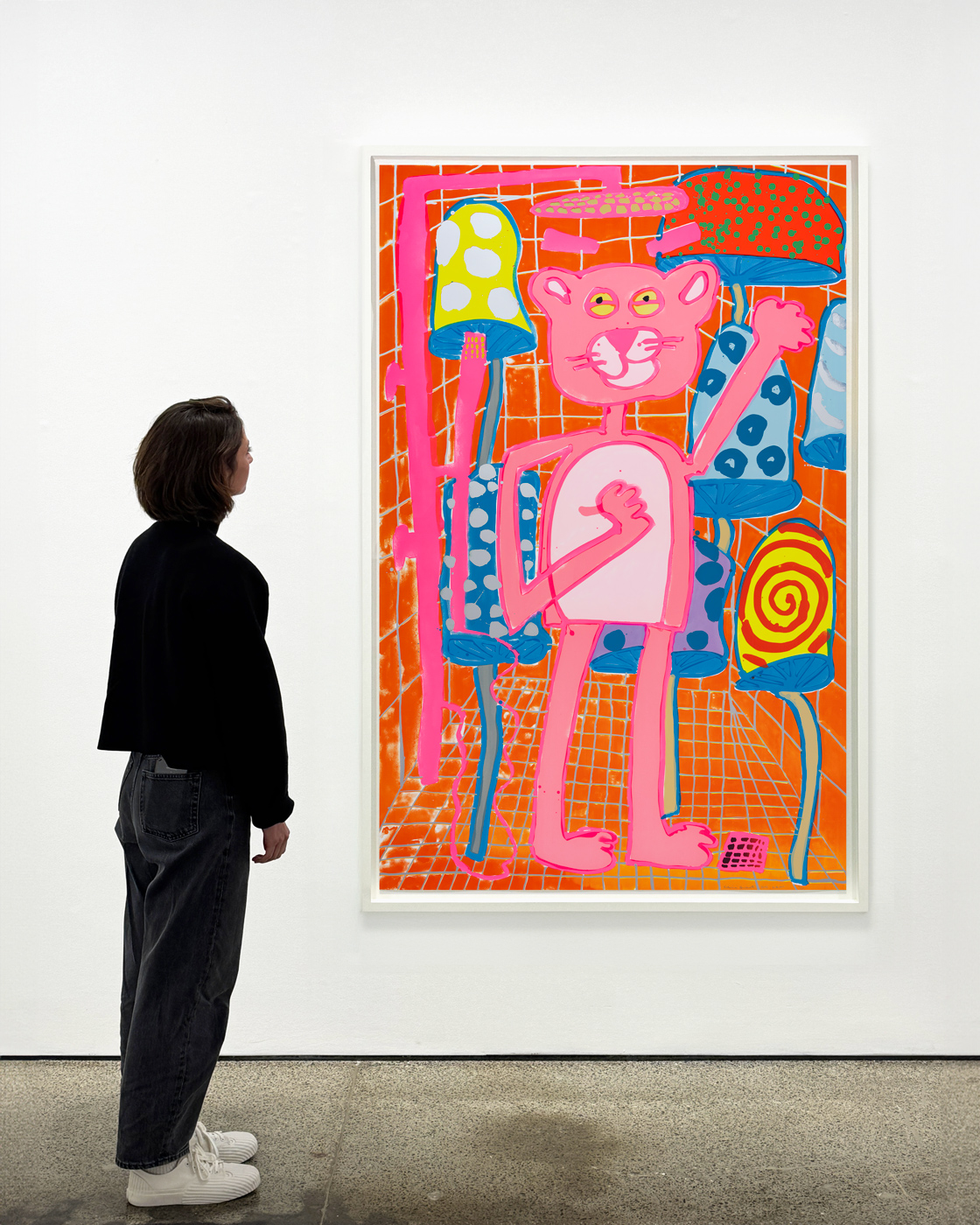 Katherine Bernhardt, <i>Big Cat </i>(2025) framed by Darbyshire Framers