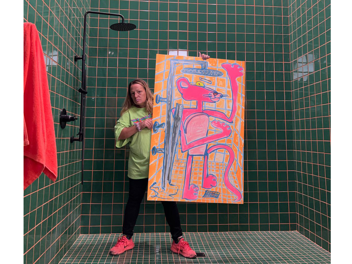 Katherine Bernhardt with her print 'Shower Power' (2023)