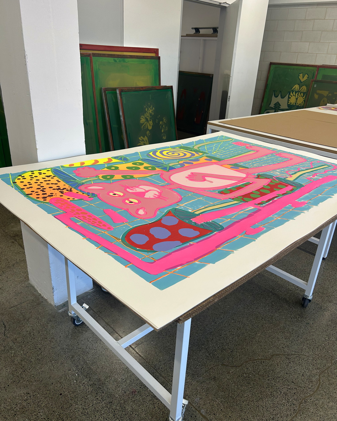 Katherine Bernhardt, <i>Big Cat </i>(2025) in production in Counter Studio, Margate