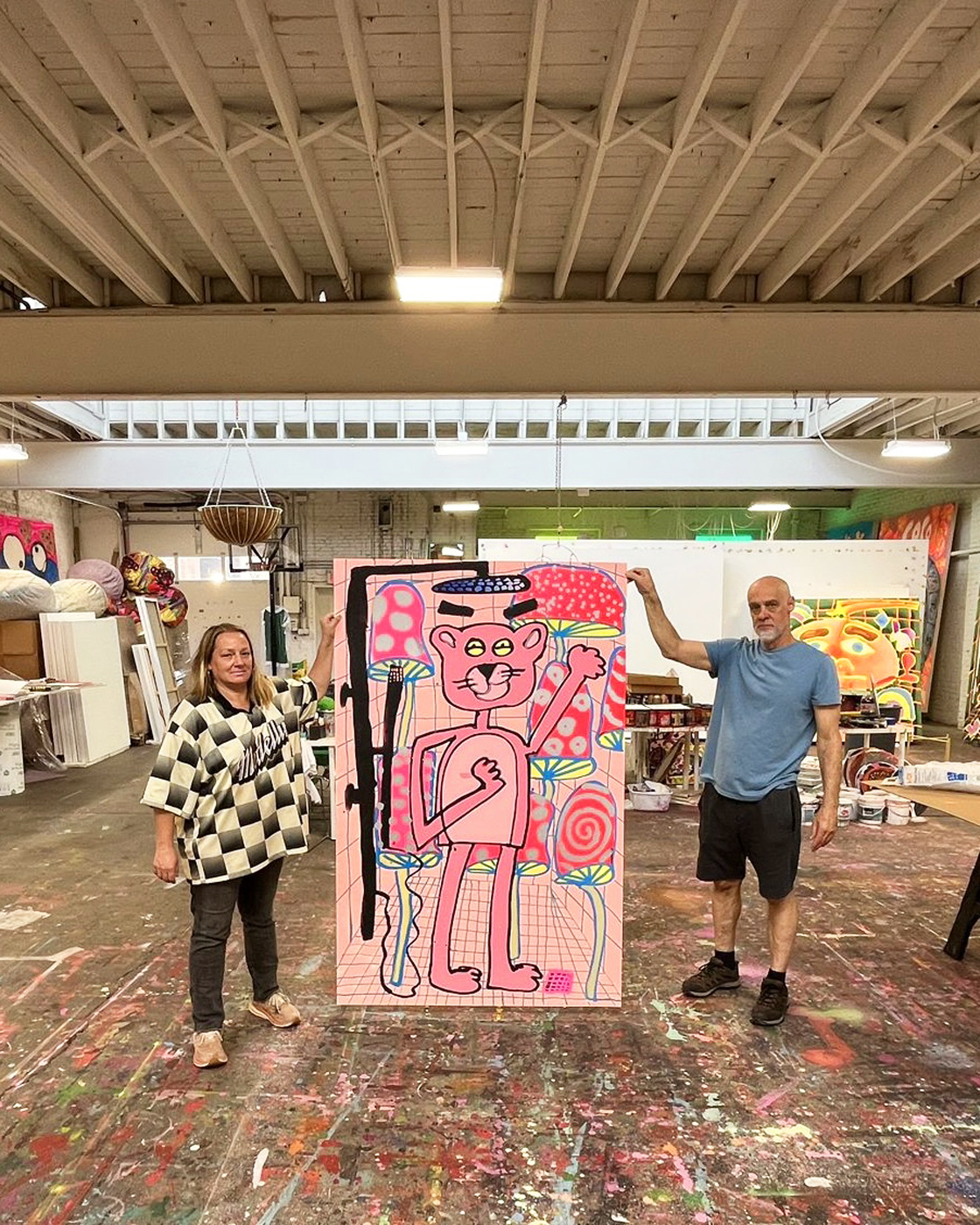 Katherine Bernhardt, <i>Big Cat </i>(2025) in her studio in St Louis, Missouri