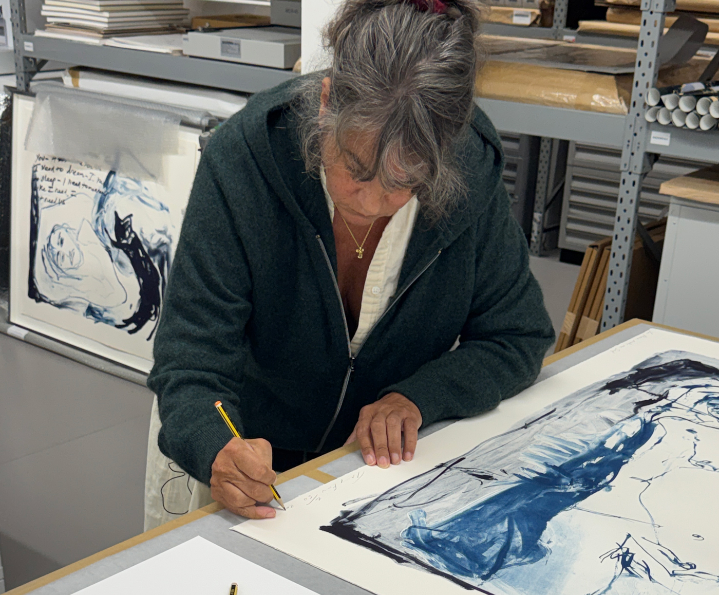 Tracey Emin signing her edition at Counter Studio in Margate