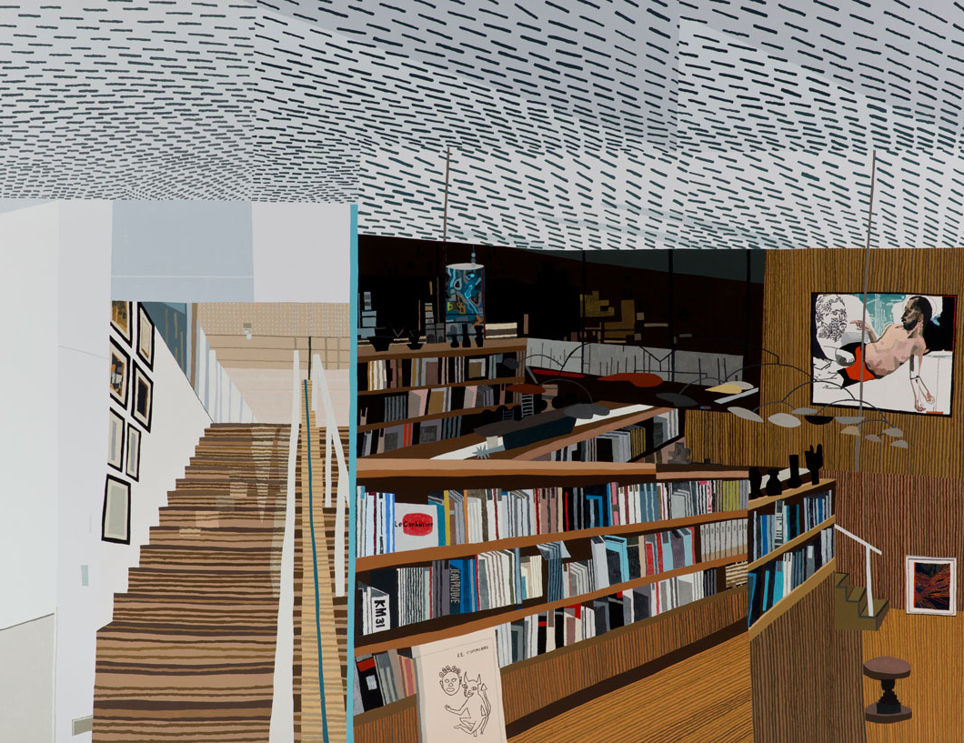 Jonas Wood, Ovitz's Library, 2013, featuring an Alexander Calder mobile, and a reproduction Self-Portrait with Michel Wurthle, 1992, by Martin Kippenberger.