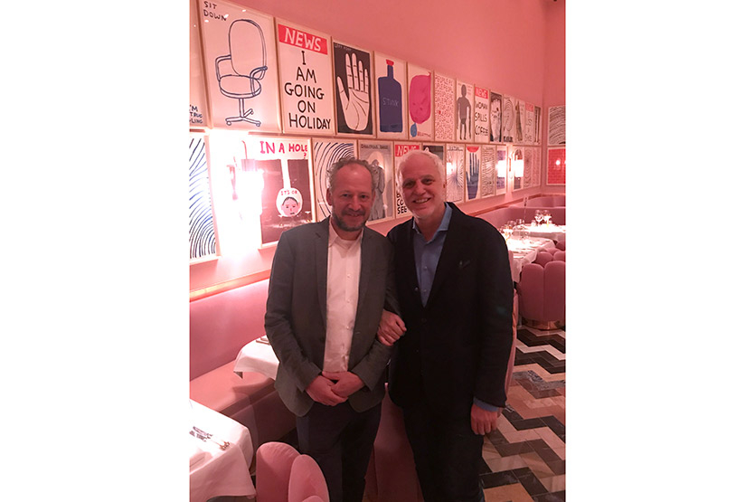 Counter Editions founder Carl Freedman with Sketch owner Mourad Mazouz at the preview of David Shrigley's new exhibition, London, January 2018