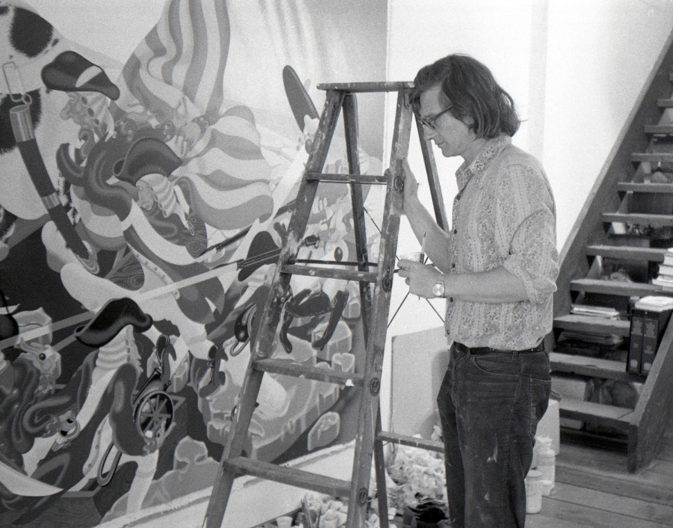 Peter Saul working on his painting, Washington Crossing the Delaware, in his studio, (1975)