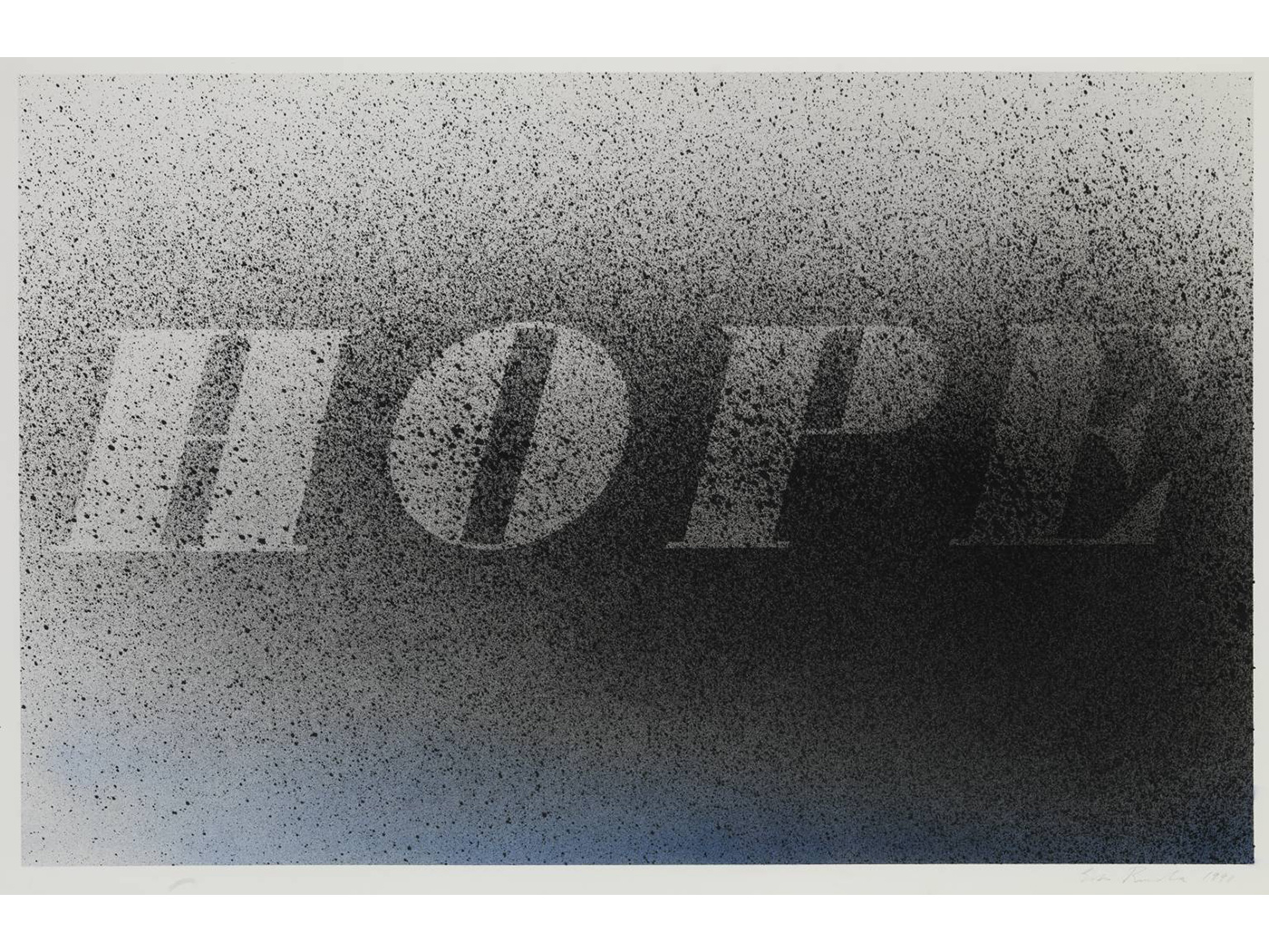 Ruscha's work creates abstract entities from capitalised lettering. Ruscha's sees the acts of taking words out of context as a form of abstraction. As seen here in 'HOPE' (1998).