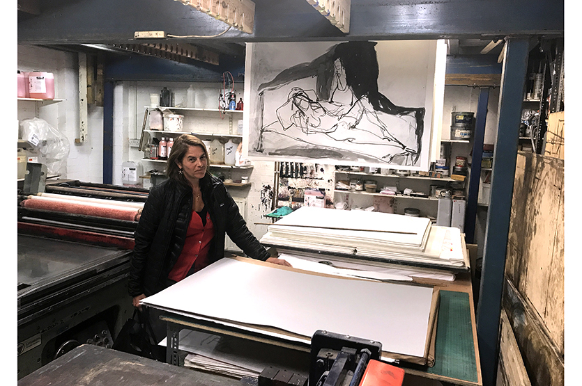 The artist at Pauper's Press print studio, London, 2017.