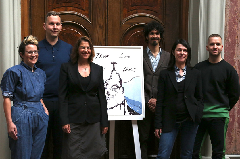 From left to right: Anne Hardy, David Shrigley, Tracey Emin, Benjamin Senior, Sarah Jones and Eddie Peake attend the press call at The Royal Academy for the Arts
