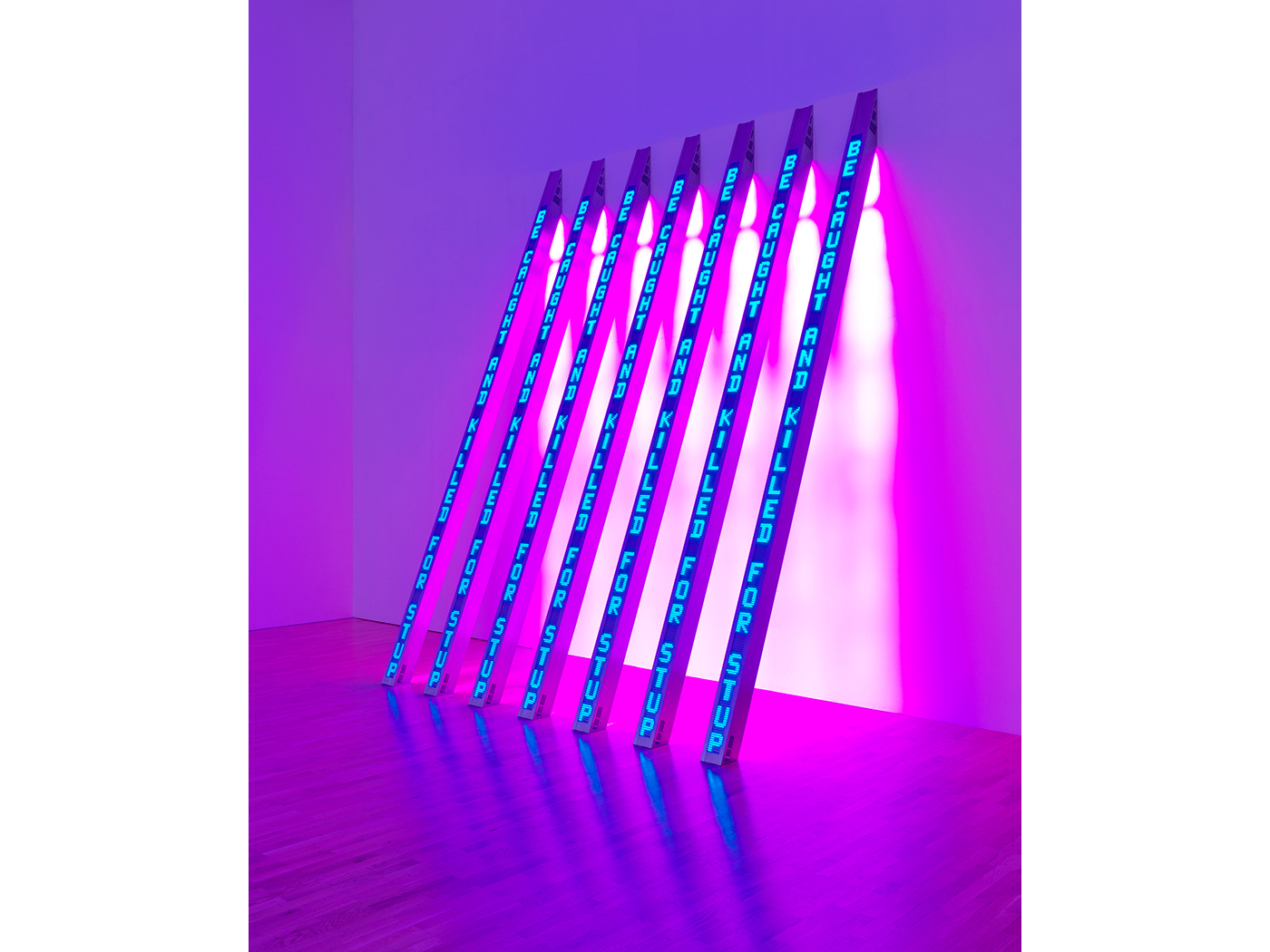 BLUE PURPLE TILT (2007) installed in the ARTIST ROOMS at Tate Modern, London, 2018. The LED texts are drawn from Holzer’s previous works, including  her iconic 'Truisms' (1977–9).