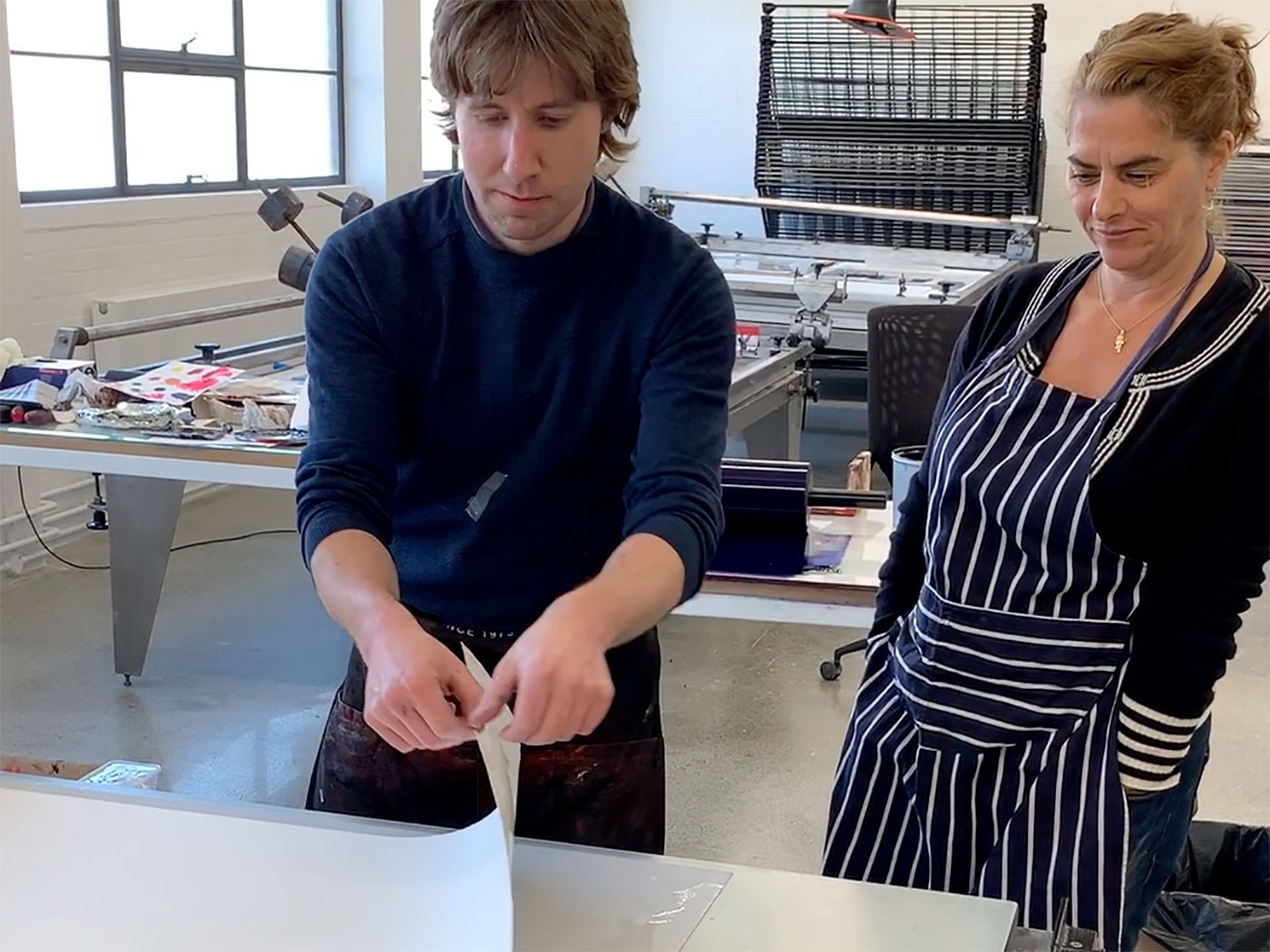 Artist Tracey Emin and Master Printer Andrew Curtis at Counter Studio, Margate (2019) 