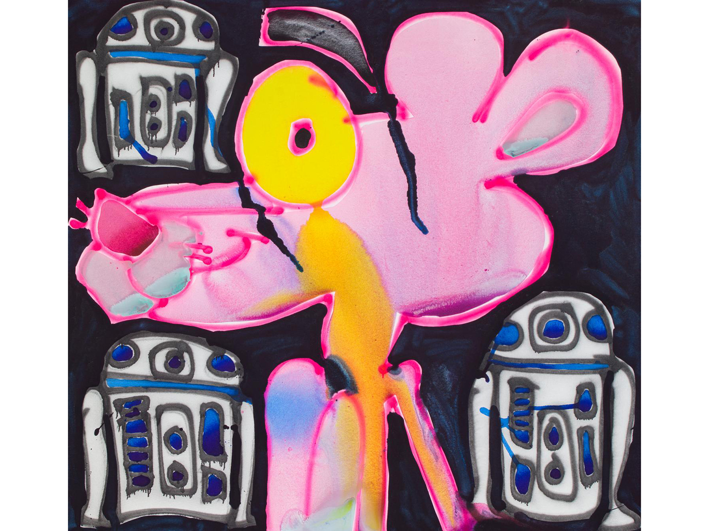 The Pink Panther is a subject Bernhardt continues to revisit - as seen here in 'Panther and r2d2' (2019). Courtesy of the artist and Canada Gallery.