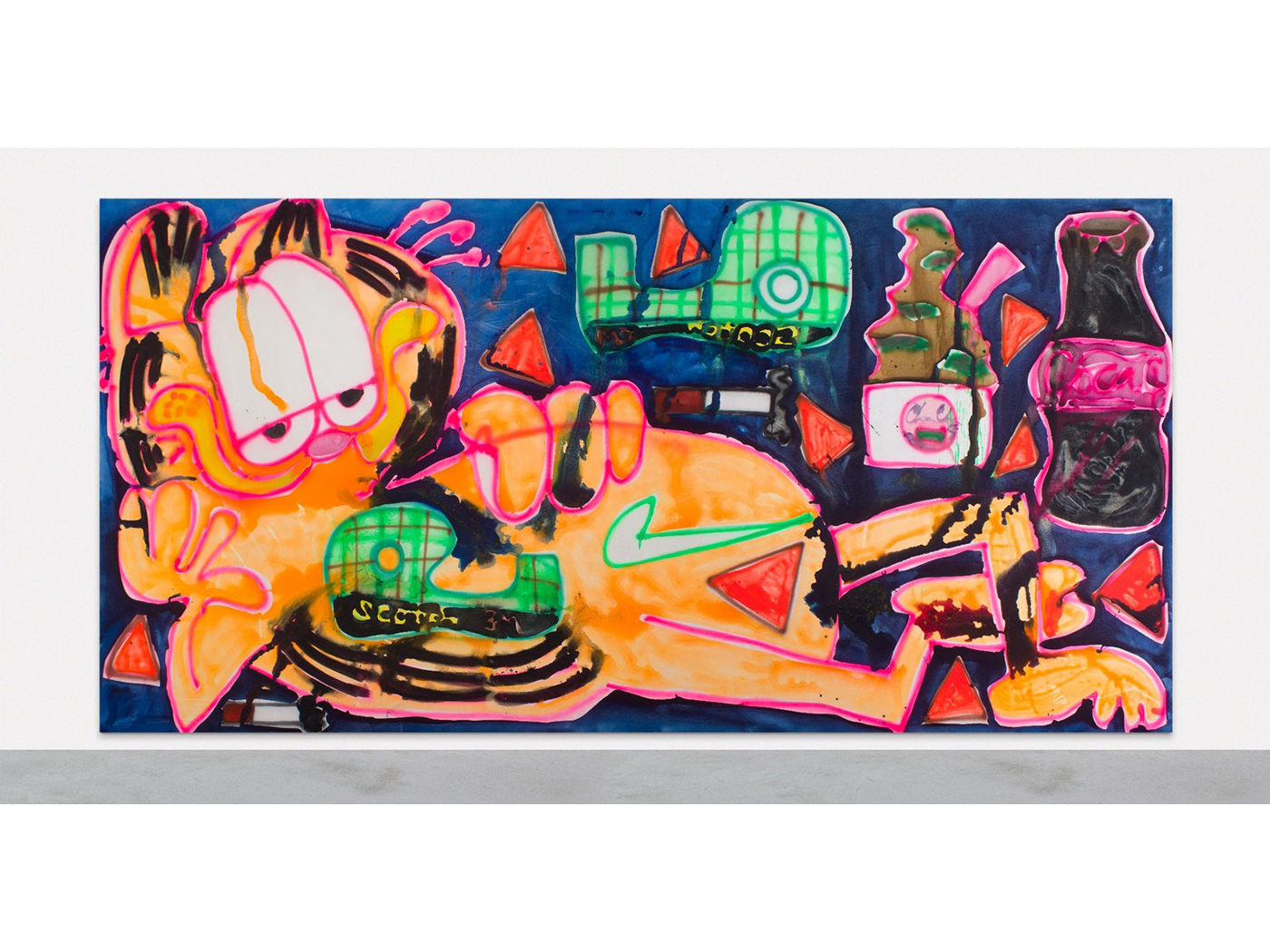 Bernhardt's monumental 3×6 metre canvas entitled 'Garfield on Scotch Tape' (2018) - installation view, 'Garfield on Scotch Tape' at Xavia Hufkins, Belgium, 2019.