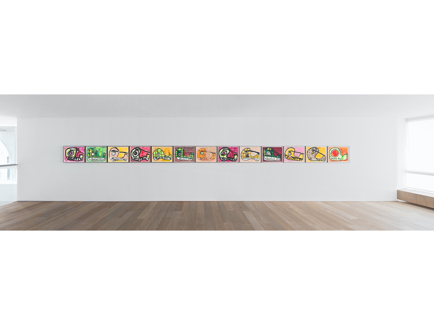 Bernhardt chooses to paint certain objects and icons because of their intriguing colours and forms — the branded image of a Scotch Tape dispenser is regularly returned to by Bernhardt.  As seen here, in a series of acrylic works on paper installed at Xavia Hufkins, Belgium, 2019.