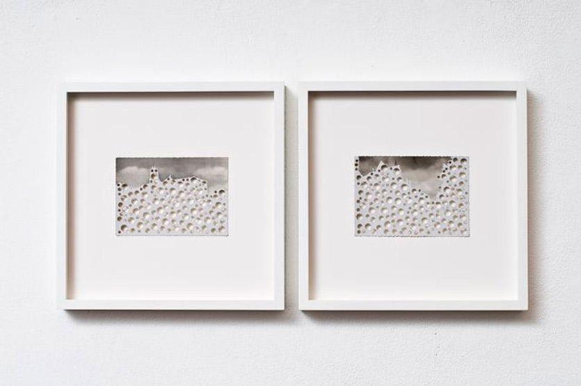 Installation view at MAMBO Museum, Bologna: 
'Clouds' (A) and 'Valley - rural' (B) (2010)
Postcards with gouache and punched holes,
10 x 14.2 cm each 