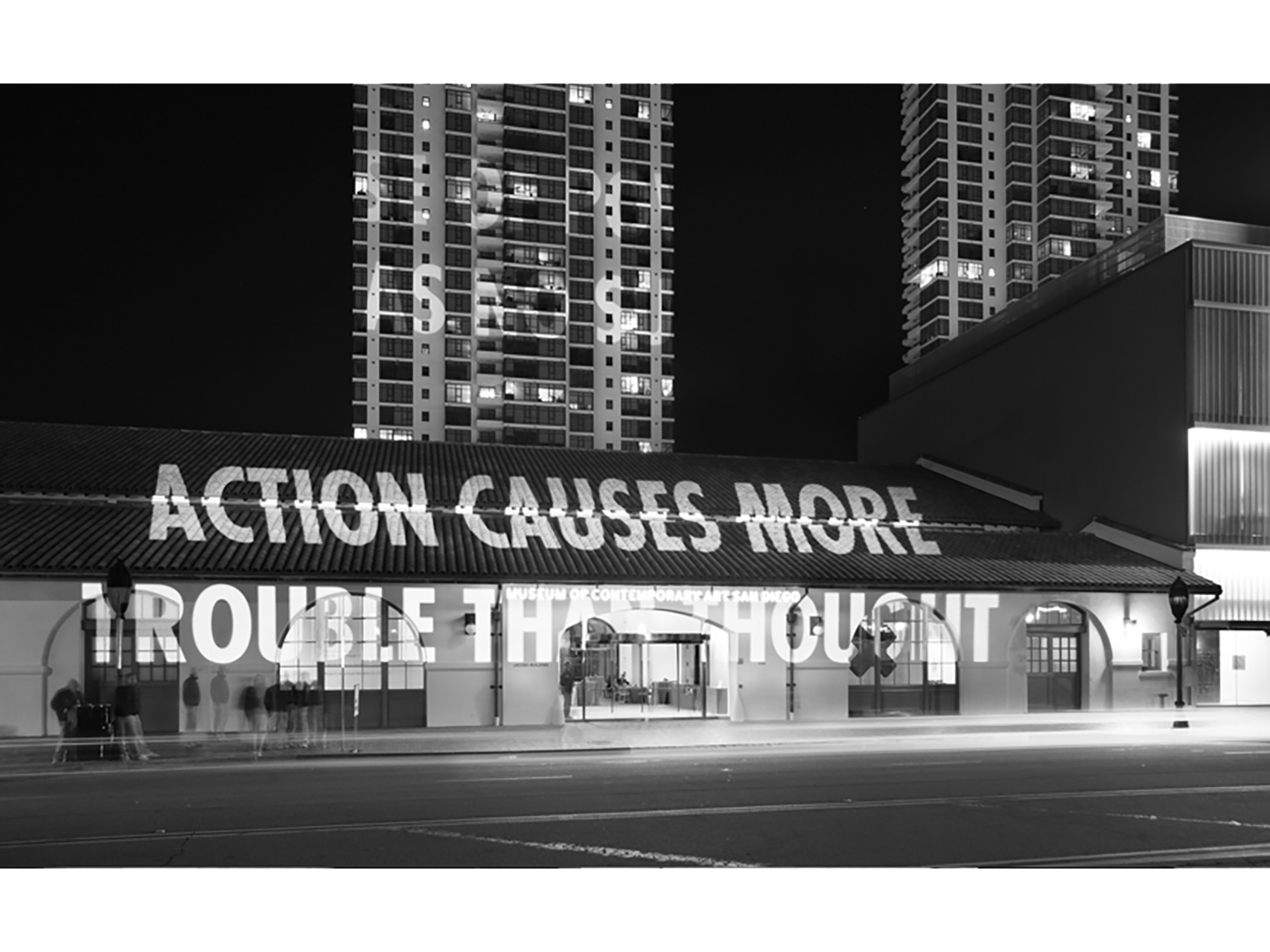 Jenny Holzer's continues to return to the snappy maxims from her 'Truisms' series – they have been projected onto grand landmarks, printed on billboard placards, carved into stone and have illuminated electronic displays. 'MORE ACTION THAN THOUGHT' (2021) is a reiteration of one of these iconic 'Trusims'.