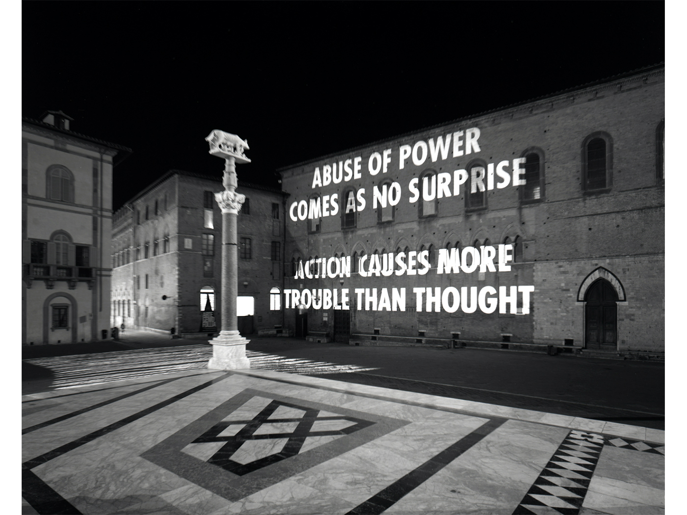 Jenny Holzer's continues to return to the snappy maxims from her 'Truisms' series – they have been projected onto grand landmarks, printed on billboard placards, carved into stone and have illuminated electronic displays. 'MORE ACTION THAN THOUGHT' (2021) is a reiteration of one of these iconic 'Trusims'.